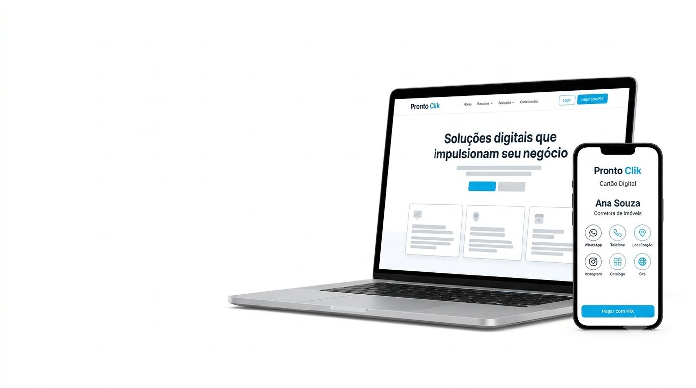 Site institucional da Pronto Clik em notebook e Cartão Digital Inteligente em celular, exibindo a persona fictícia Ana Souza, Corretora de Imóveis