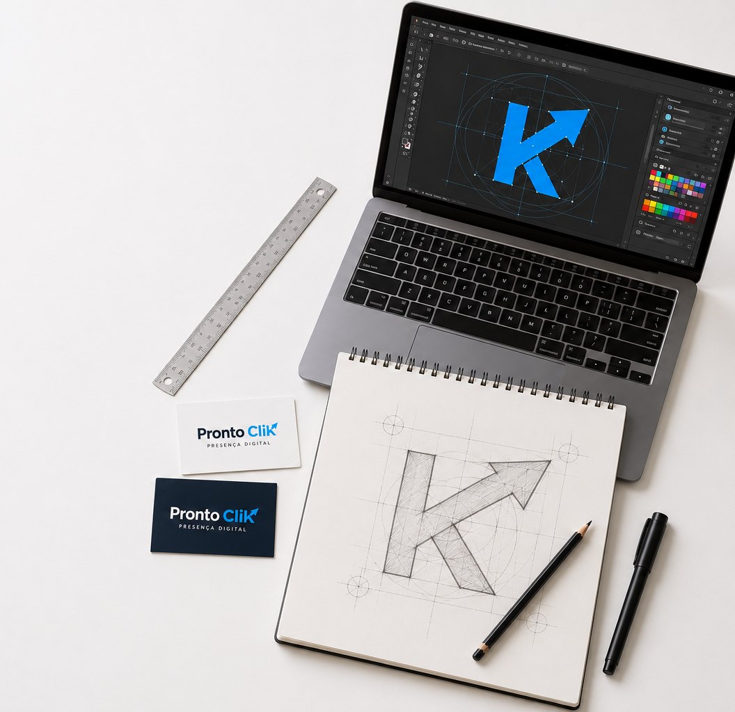 Processo de criação da identidade visual da Pronto Clik: rascunho do símbolo a lápis, refinamento no computador e cartões de visita com o logo aplicado