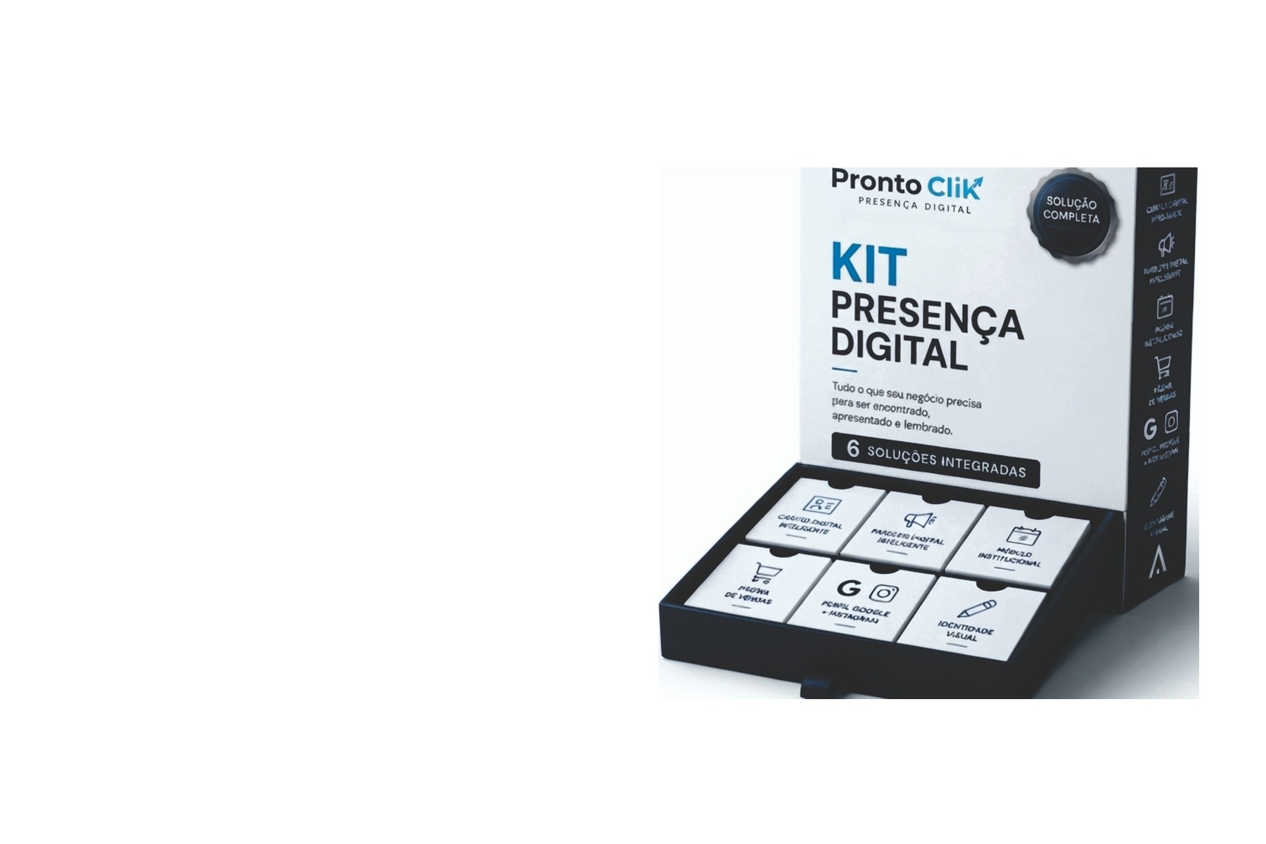 Caixa do Kit Presença Digital da Pronto Clik aberta, com 6 cartões representando cada solução incluída no pacote