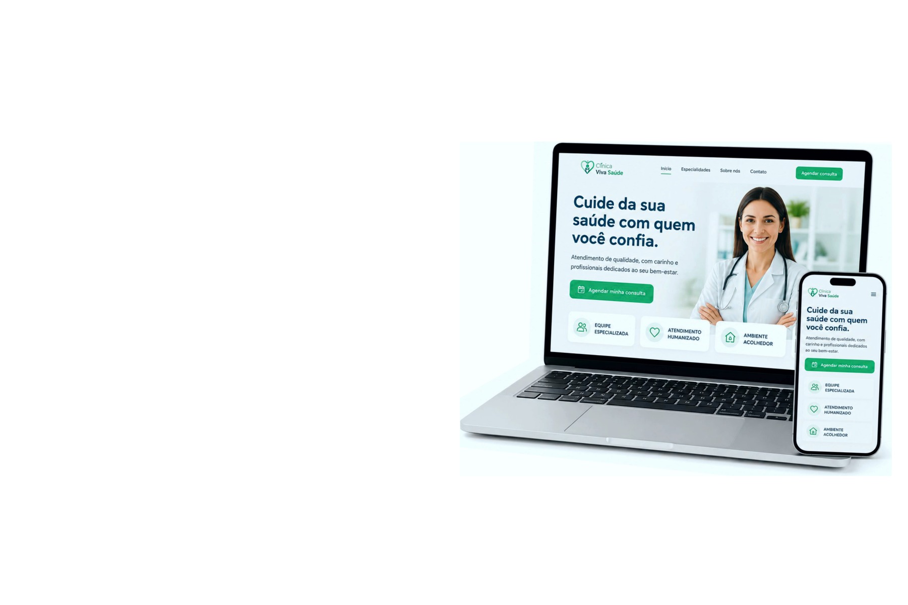 Mockup de Página de Vendas exibida em notebook e celular, com foto de médica e botão de agendar consulta