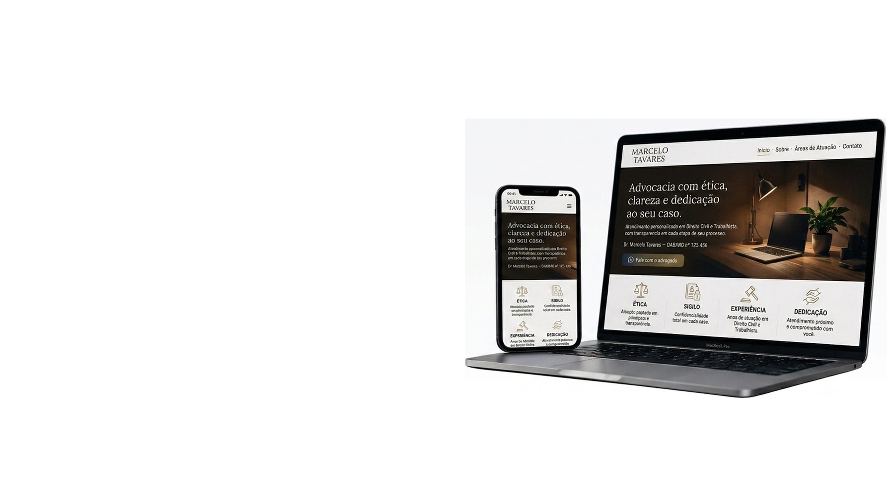 Mockup de Página Institucional exibida em notebook e celular, com foto de advogado e informações de contato profissional